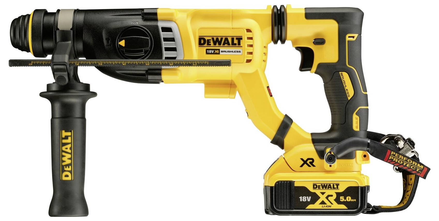 Aku-vrtací kladivo DeWalt 18V XR v žlutém krytu s černou rukojetí a 5.0 Ah lithium-iontovou baterií, pohled z boku.