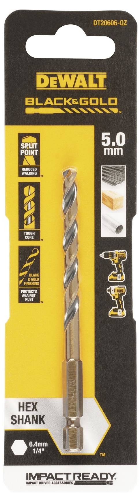 Vrták DeWalt, model Black-Gold, průměr 5,0 mm, s šestihrannou stopkou, vhodný pro rázové šroubováky. Balení v černé a žluté barvě.