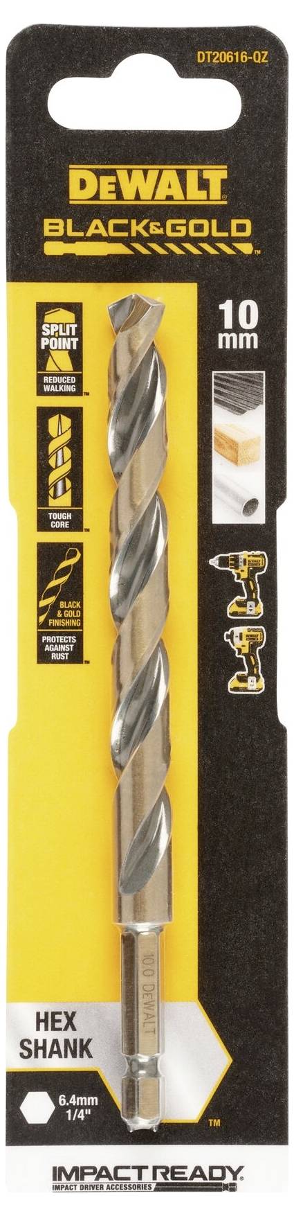 Vrták DeWalt, černozlatý, velikost 10 mm, určený pro vrtání do kovu a dřeva. Balení zdůrazňuje trvanlivost a všestrannost použití.