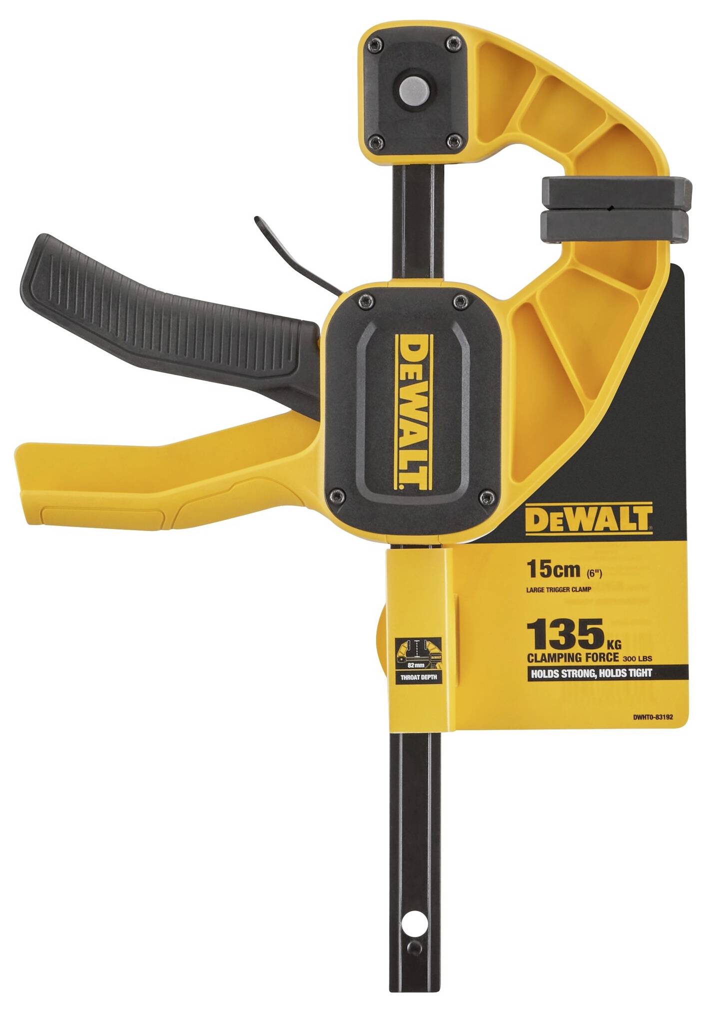Žlutá DeWalt jednoruční svěrka s rozsahem 15 cm, upínací silou 135 kg, bočním pákovým ovládáním a černou kovovou tyčí.