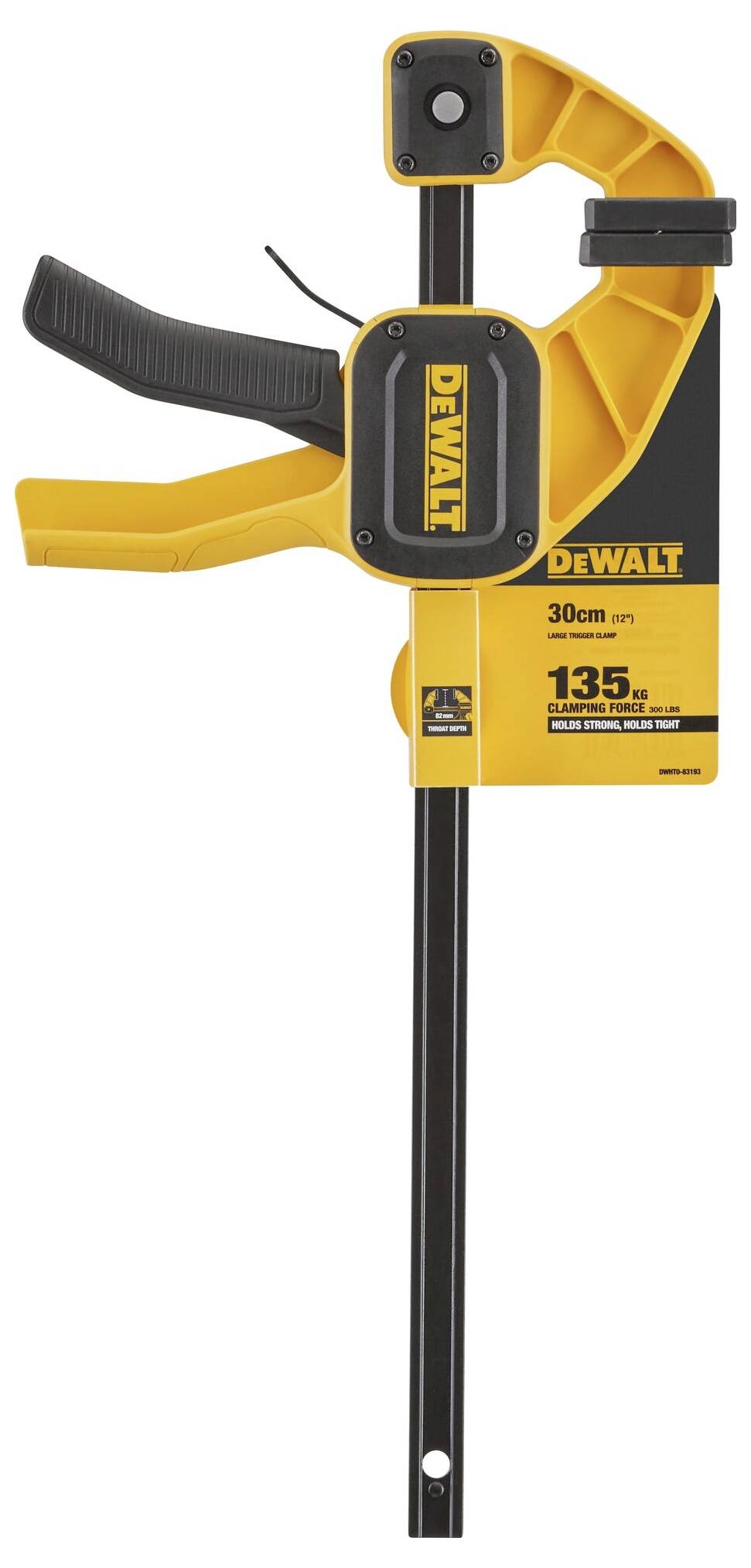 Žlutá jednoruční svěrka značky DeWalt s rozpětím 30 cm, vhodná pro lehké až střední práce. Páka a rukojeť jsou černé.