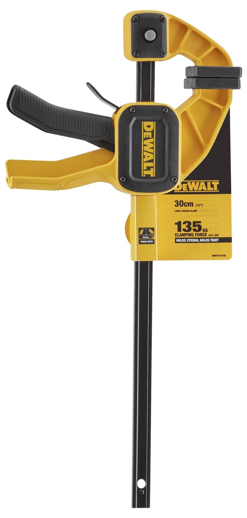 Žlutá svěrka Dewalt, 30 cm dlouhá, s tlakem až 135 kg. Slouží k upevnění obrobků při jejich zpracování.
