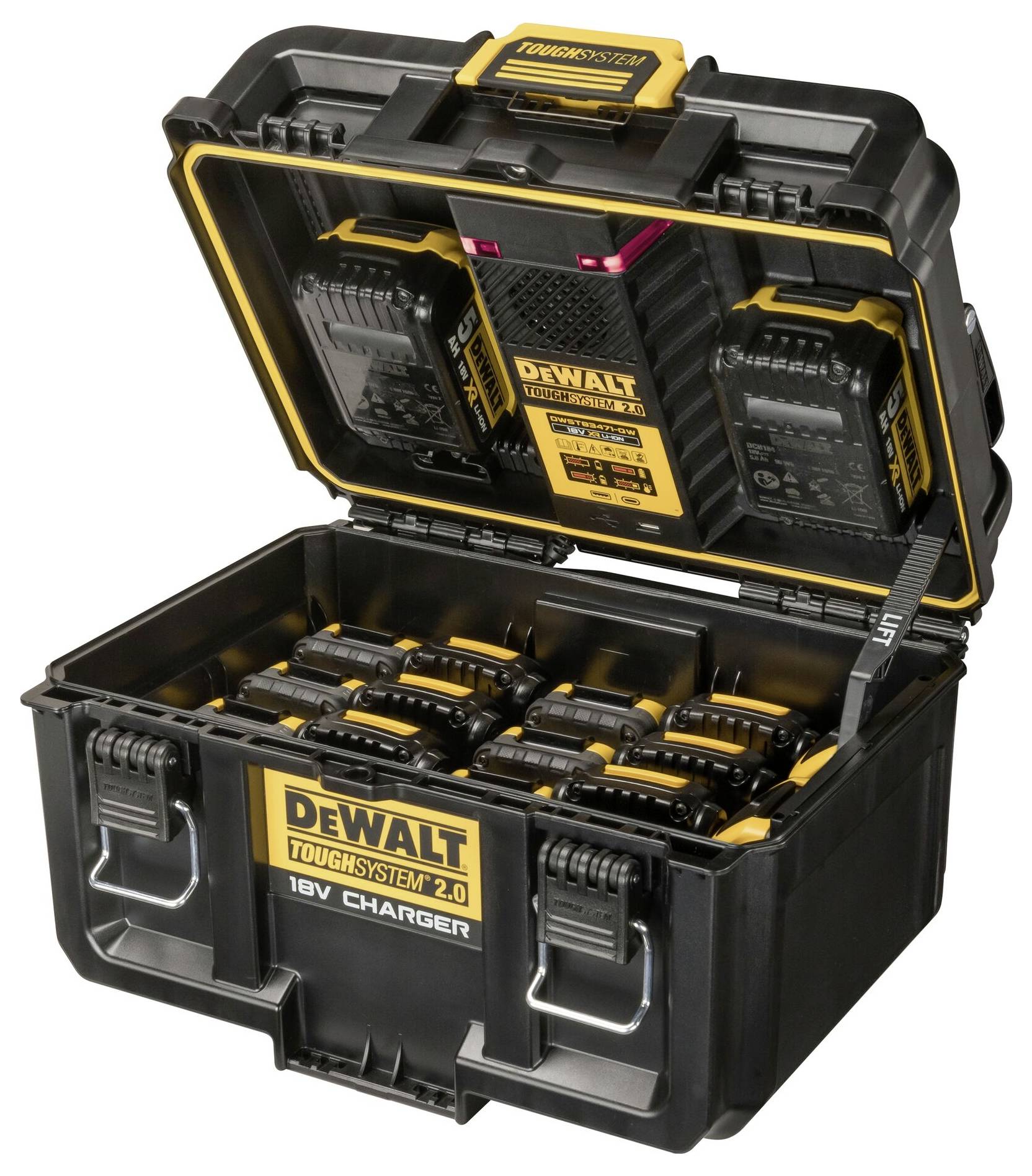 Sklopná montážní brašna s několika nabíječkami a bateriemi uvnitř, označená štítkem "Dewalt Toughsystem 2.0 18V nabíječ".