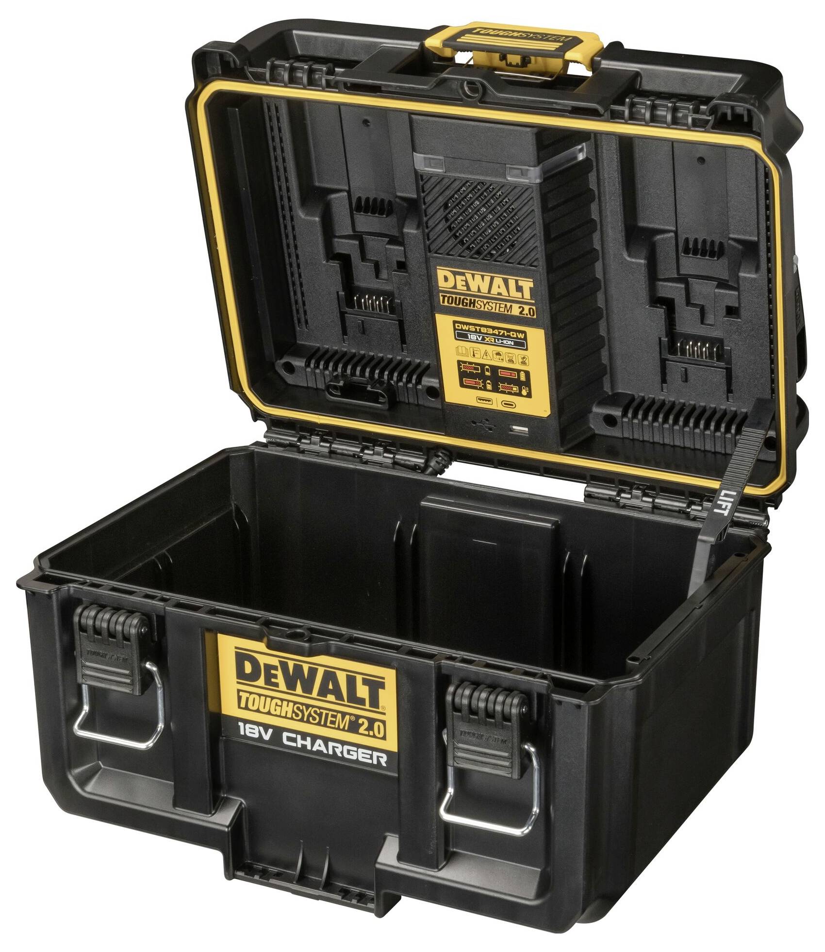 Otevřený černý kufřík na nářadí DeWalt s nápisem „ToughSystem 2.0" a „18V Charger" na vnitřní straně víka.