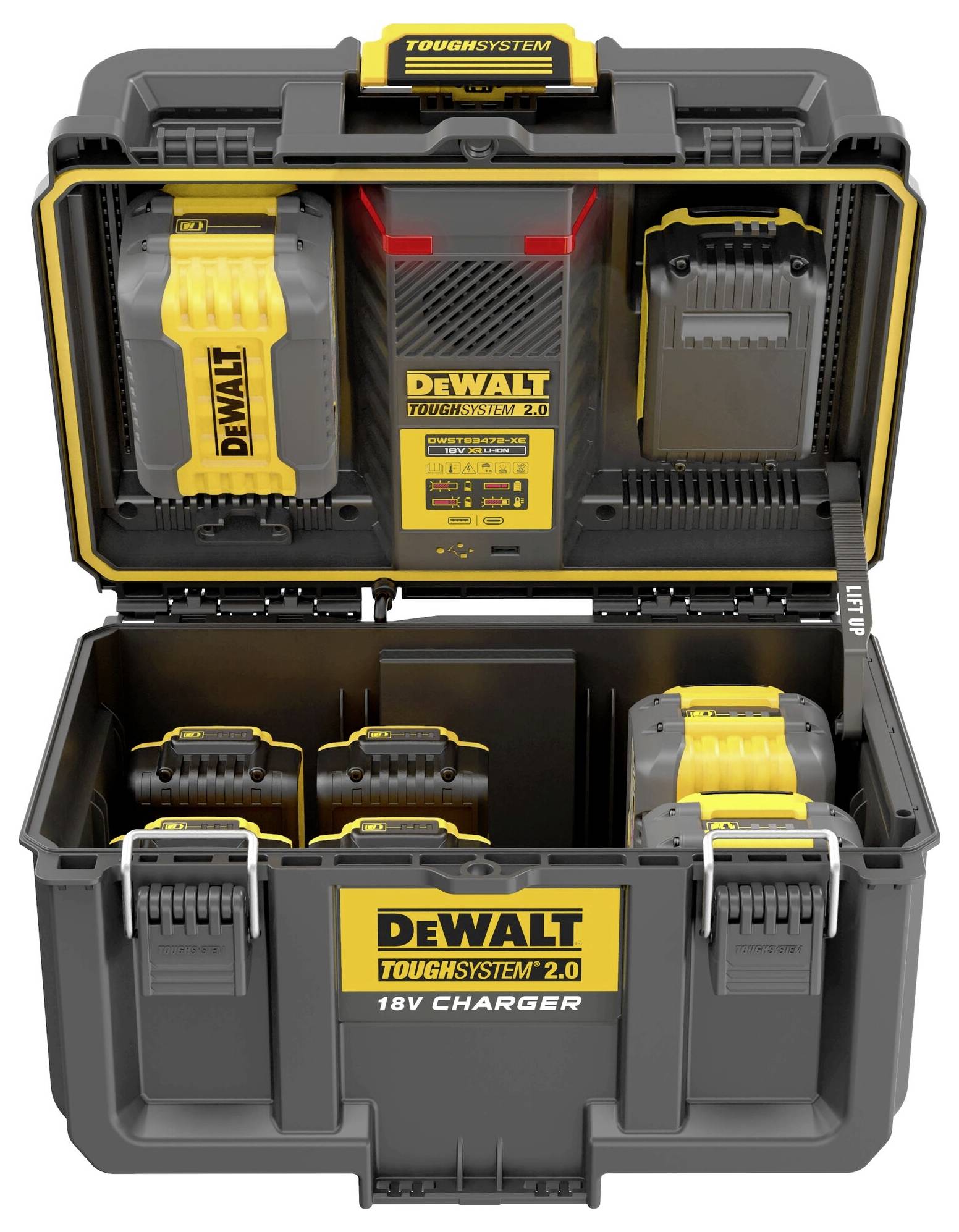 Kufřík s několika nabíječkami a akumulátory DEWALT, označený štítky 'Toughsystem 2.0' a '18V Charger', otevřený pro ukázku obsahu.