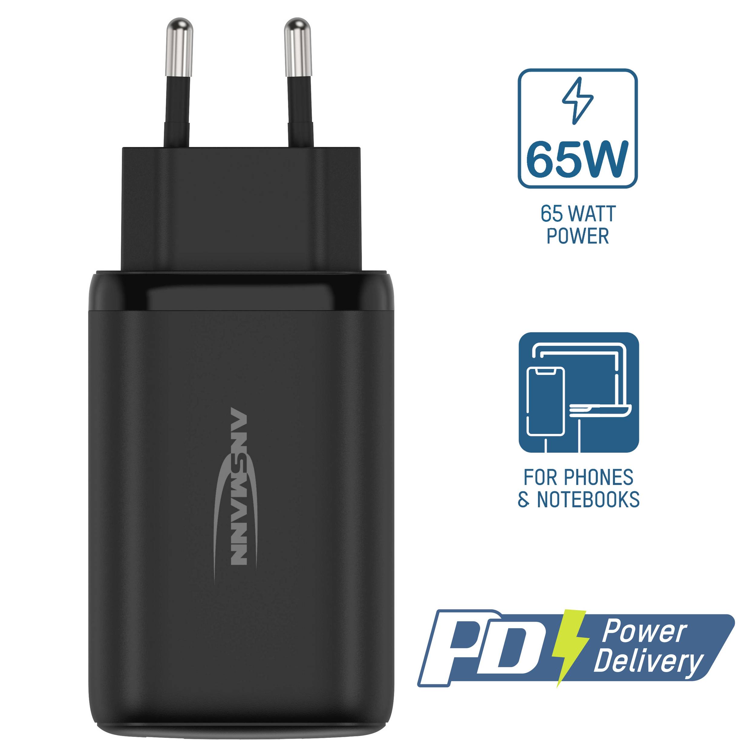 Černá 65wattová nabíječka s USB-C Power Delivery pro telefony a notebooky. Na obrázku je síťová zástrčka a symboly.