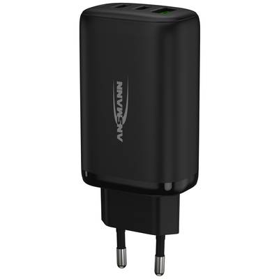 Černá USB nabíječka se třemi porty, jeden z nich s funkcí rychlého nabíjení. Zařízení je vybaveno eurokonektorem.