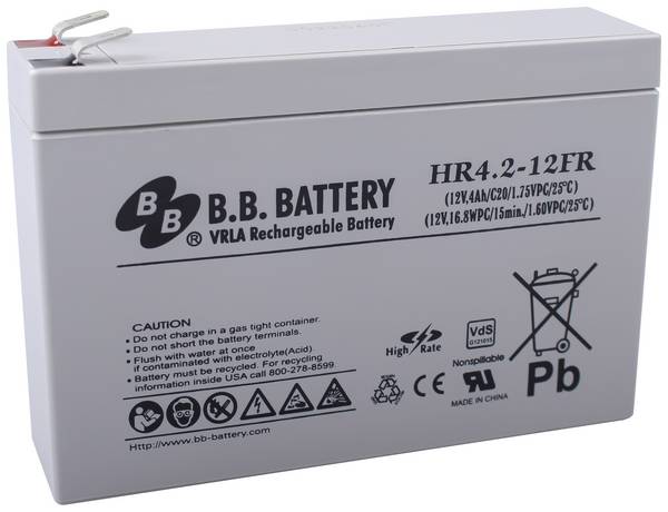 B.B. Battery B.B. HR4.2-12FR-VDS HR4.2-12FR olověný akumulátor 12 V 4200 mAh olověný se skelným rounem (š x v x h) 140 x 100 x 39 mm plochý konektor 6,35 mm VDS certifikace , odolné proti více cyklům, bezúdržbové, nepatrné vybíjení