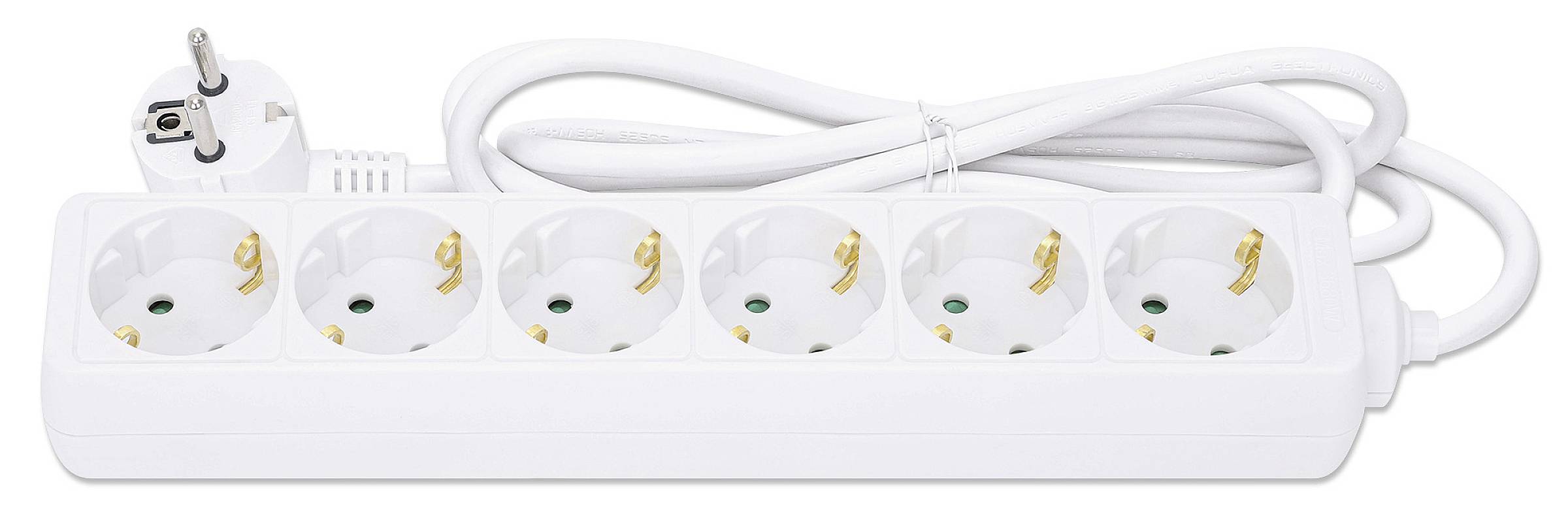 Bílý prodlužovací elektrický rozváděč se šesti zásuvkami a dlouhým kabelem zakončeným zásuvkou Schuko, určený pro připojení několika elektrických zařízení.