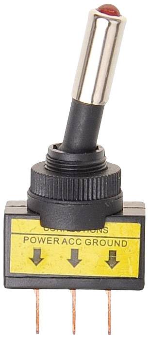 Kolébkový spínač s červeným hrotem, označený svorkami 'Power', 'Acc', 'Ground'. Vhodný pro elektronická zařízení.