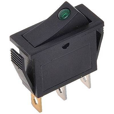 Černý přepínač s zeleným světelným indikátorem na horní straně, montovatelný pomocí tří kovových drážek pro elektrické připojení.