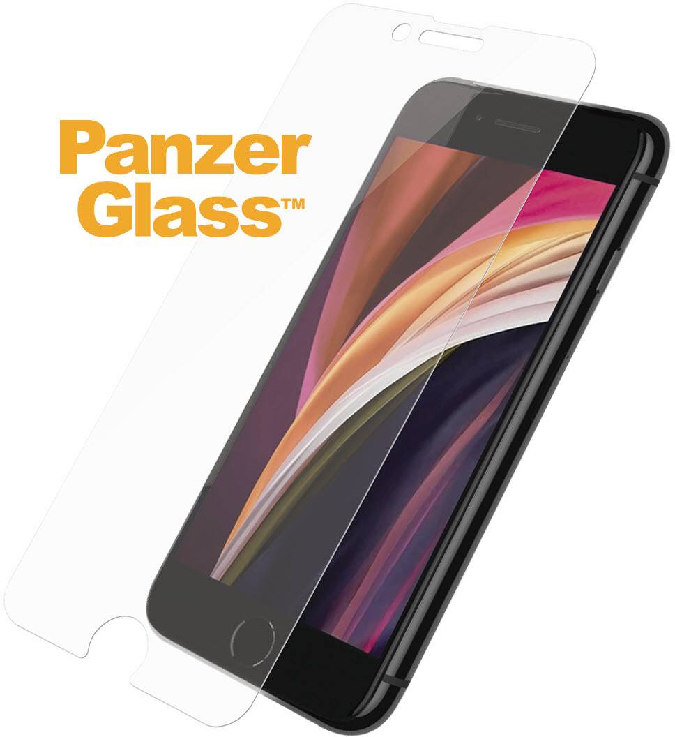 Smartphone s ochranným sklem PanzerGlass™, zobrazené na obrazovce s barevným pozadím.