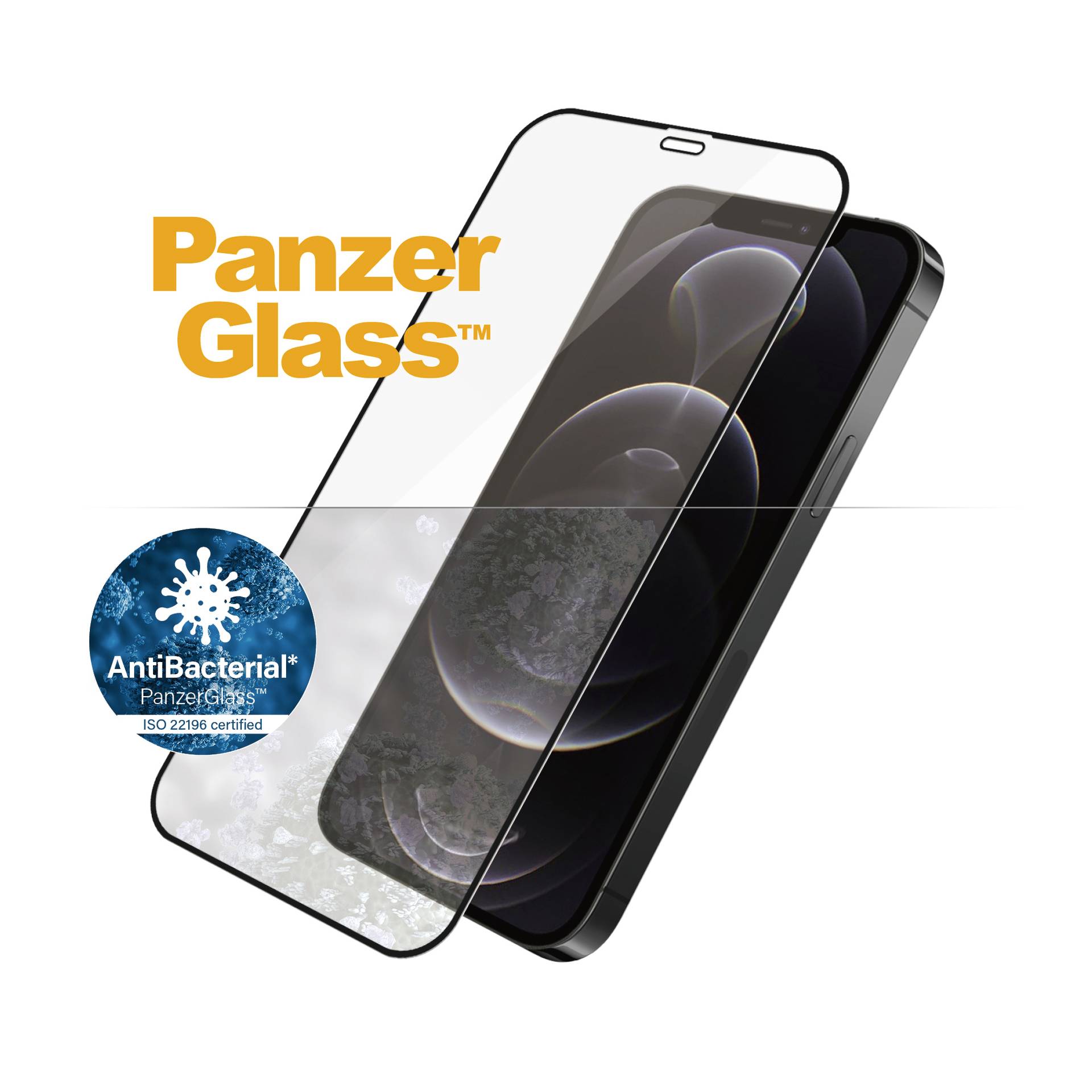 Smartphone s nainstalovanou ochrannou skleněnou fólií. V levém dolním rohu logo s textem 'AntiBacterial PanzerGlass™ ISO 22196 certifikováno'.