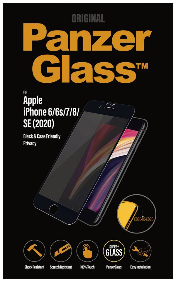 PanzerGlass Edge2Edge Privacy ochranné sklo na displej s ochranou soukromí Apple IPhone se (Gen. 3, 2022), IPhone se (Gen. 2, 2020), iPhone 8, iPhone 7, iPhone 6S, IPhone 6 1 ks Chránící proti otiskům prstů, antibakteriální P2679