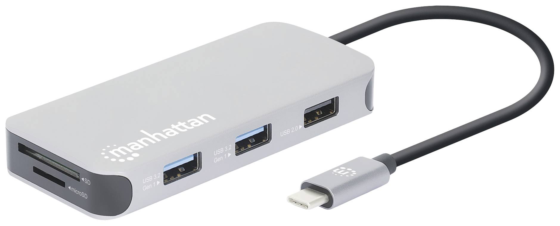 USB-C hub se třemi USB porty, jedním HDMI portem a čtečkou paměťových karet. Navrženo společností Manhattan.