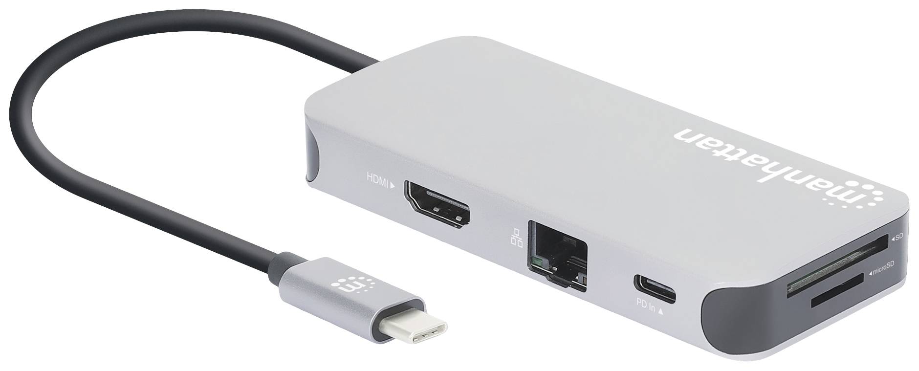 Stříbrný USB-C hub od Manhattanu s porty pro HDMI, Ethernet, USB a čtečku karet, připojený černým kabelem.