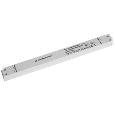Dlouhý obdélníkový LED napájecí zdroj s nápisem 'LED Power Supply' zobrazuje technické specifikace a certifikační symboly.
