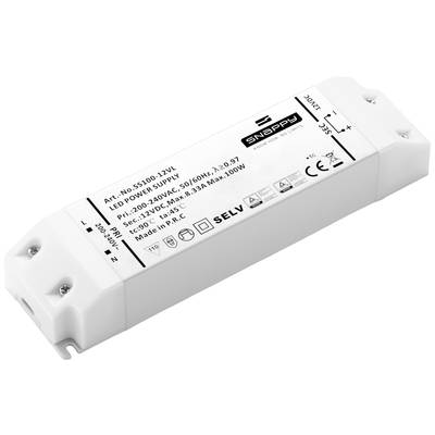 Obdélníkový LED napájecí zdroj od 'Snappy', model: SLP100-12VL, maximálně 100W, 8,3A, zástrčka: 240V, soulad s CE a RoHS.