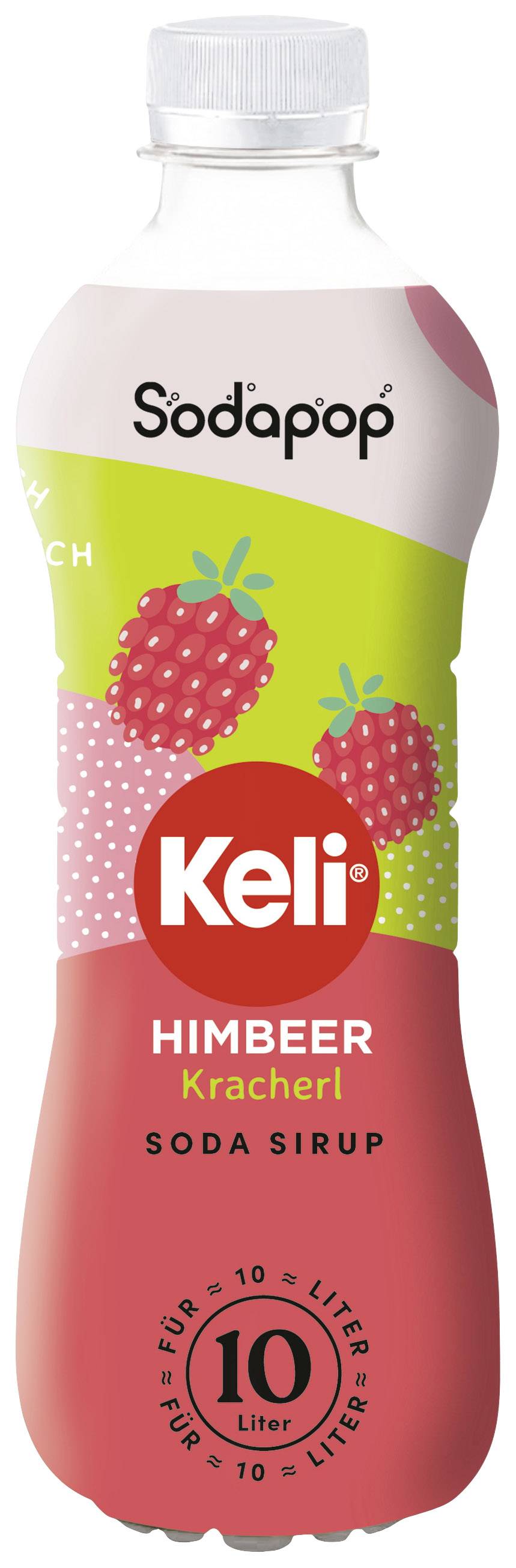 Plastová láhev s etiketou „Sodapop Keli Malina Kracherl Sirup". Červené a zelené designové provedení s motivem maliny. Objem: 10 litrů.