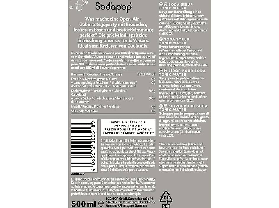 Etiketa 500ml láhve 'Sodapop' Tonic Water. Složení, výživové hodnoty, míchací poměr (1:7), informace o výrobci, čárový kód.
