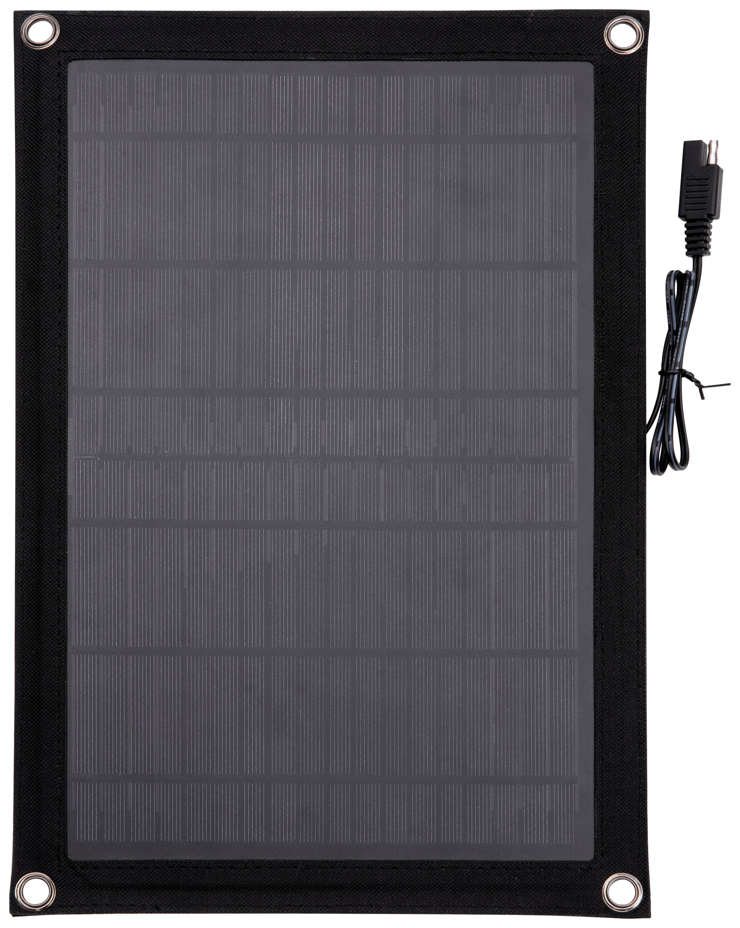 Obdélníkový solární panel s připojeným kabelem. Panel má černý povrch a je plochý.