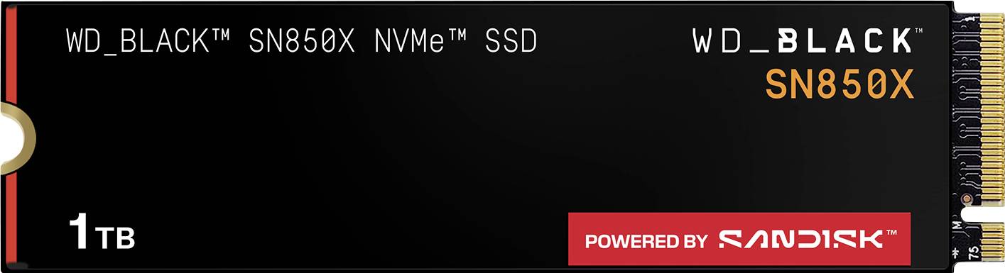 SSD NVMe WD_BLACK SN850X, 1TB. Černý design s logem značky a nápisem "Powered by SanDisk".