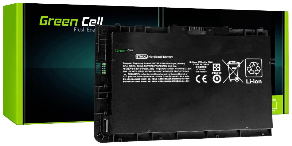 Lithium-iontový notebook bateriový článek Green Cell před svým obalem. Baterie je vhodná pro specifické modely notebooků, jak je uvedeno na vytištěných údajích.