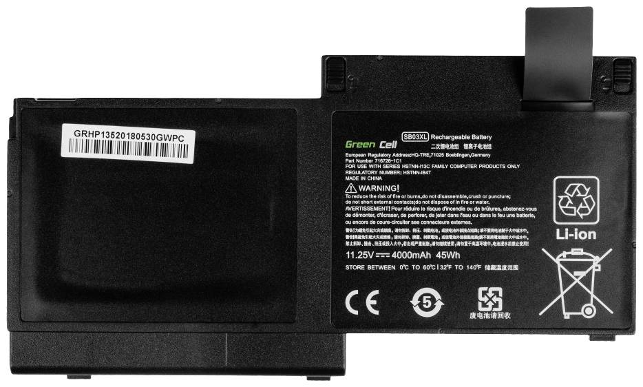 Stříbrná notebook baterie s technickými specifikacemi, včetně 11,25V, 4000mAh, 45Wh. Viditelný název značky a loga.