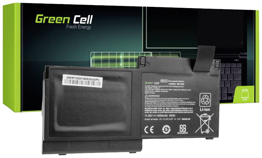 Náhradní baterie do notebooku od Green Cell v popředí, obal v pozadí, zdůrazňující udržitelnou energii.