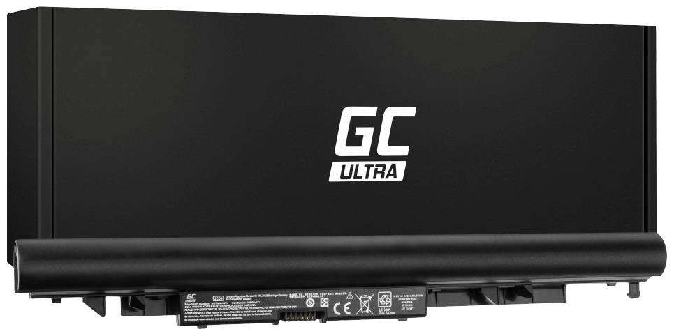 Černá baterie notebooku s bílým logem 'GC Ultra' na přední straně. Baterie obsahuje technické detaily a bezpečnostní označení.