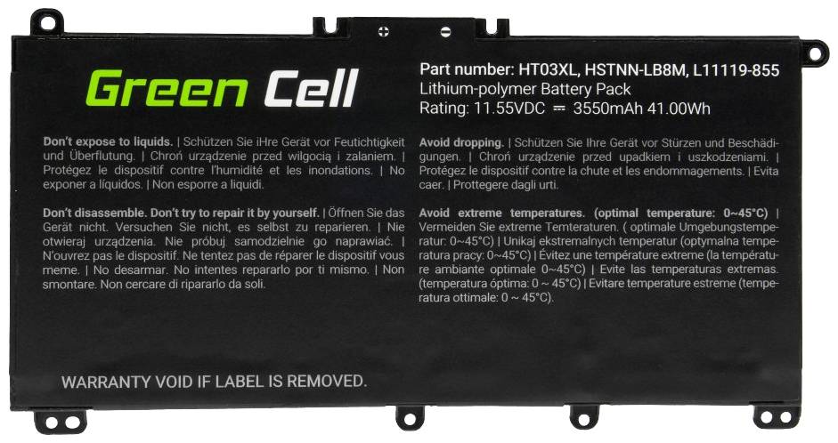Lithium-polymerová baterie od Green Cell, 11,55 V, 3550 mAh, s upozorněními týkajícími se teploty a oprav. Číslo modelu HT03XL.
