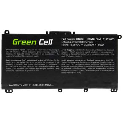 Lithium-polymerová baterie od Green Cell, 11,55 V, 3550 mAh, s upozorněními týkajícími se teploty a oprav. Číslo modelu HT03XL.