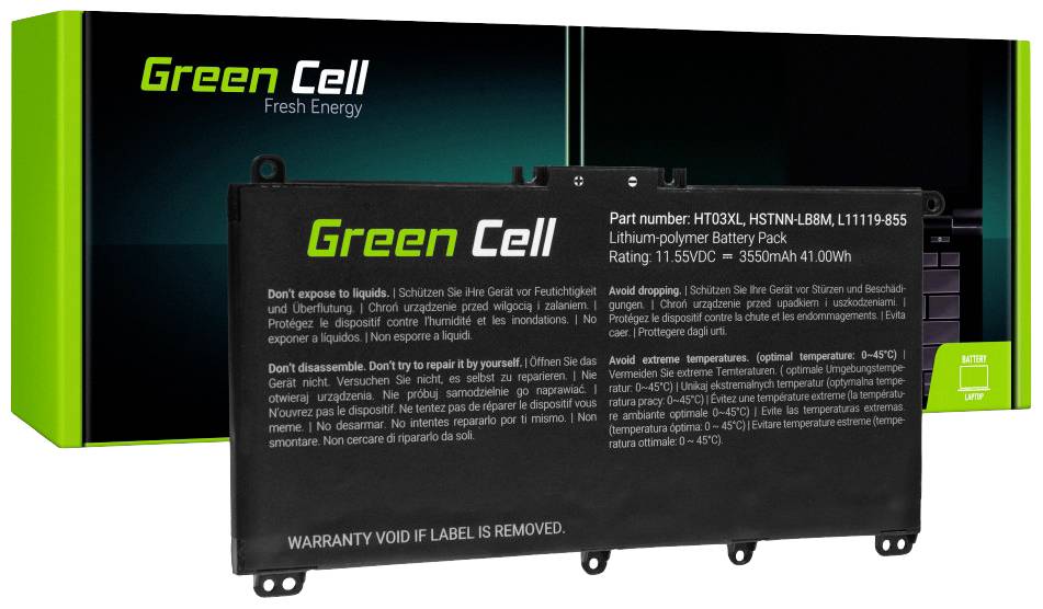 Akumulátor Green Cell Lithium-Polymer 11,55V, 3550mAh, 41,0Wh. Obsahuje bezpečnostní varování a pokyny k použití a likvidaci. Balení v pozadí.