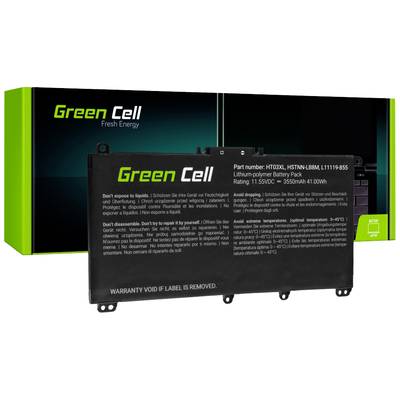 Akumulátor Green Cell Lithium-Polymer 11,55V, 3550mAh, 41,0Wh. Obsahuje bezpečnostní varování a pokyny k použití a likvidaci. Balení v pozadí.