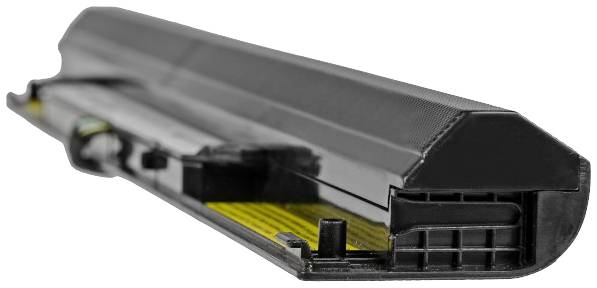 Černá baterie do notebooku, válcovitého tvaru, pohled zezadu, zobrazující připojovací body. Vhodná jako náhradní díl pro elektronická zařízení.