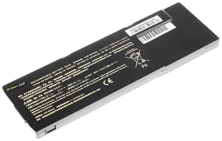 Notebook baterie s nápisem 'Dobíjecí bateriový pack'. Zobrazuje údaje o napětí (11,1V) a kapacitě (4400mAh, 49Wh).