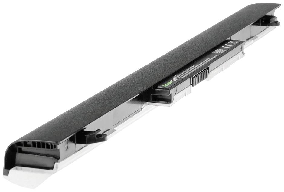 Notebook baterie obdélníkového tvaru, černé barvy, s viditelnými technickými informacemi a konektory.