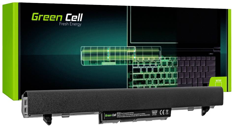Náhradní baterie značky Green Cell před krabicí s schematickým znázorněním notebooku a pozicí baterie.