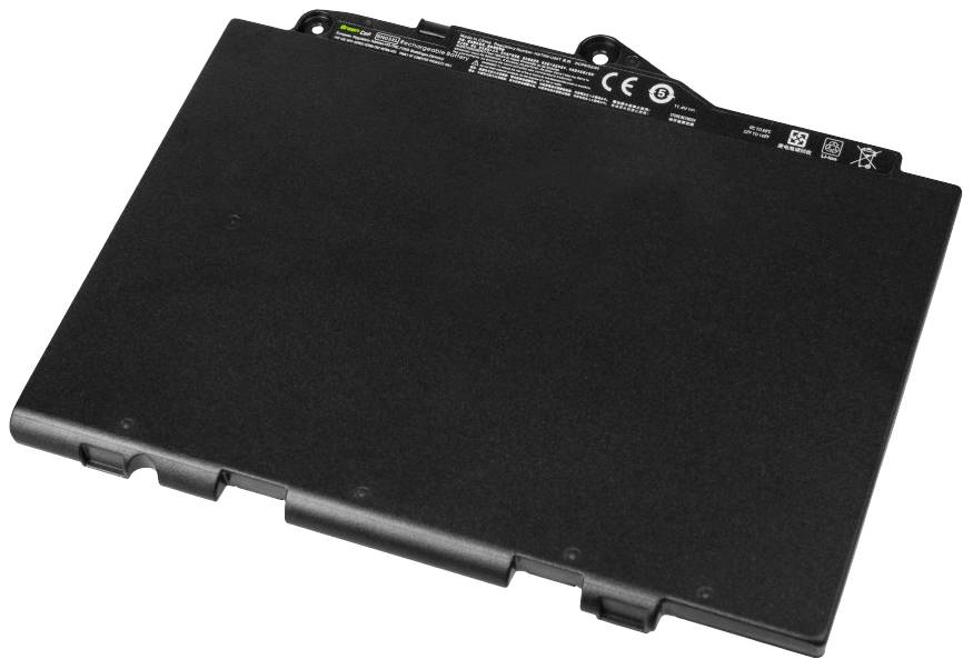 Obdélníkový, plochý notebook baterie v černé barvě, s připojovacími kontakty na straně a vytištěnými technickými informacemi.