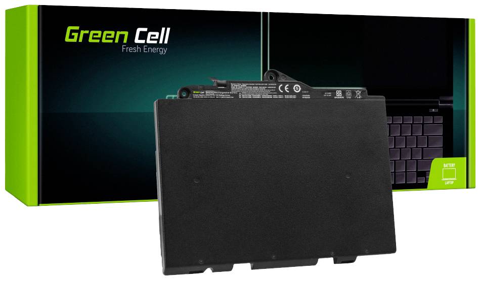 Baterie notebooku před obalem s nápisem Green Cell Fresh Energy.