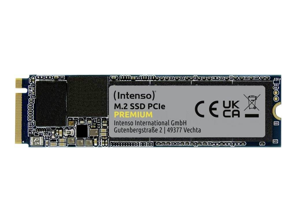 M.2 SSD PCIe od Intenso, model "Premium". Kapacita neuvedena. Adresa výrobce ve městě Vechta, Německo.