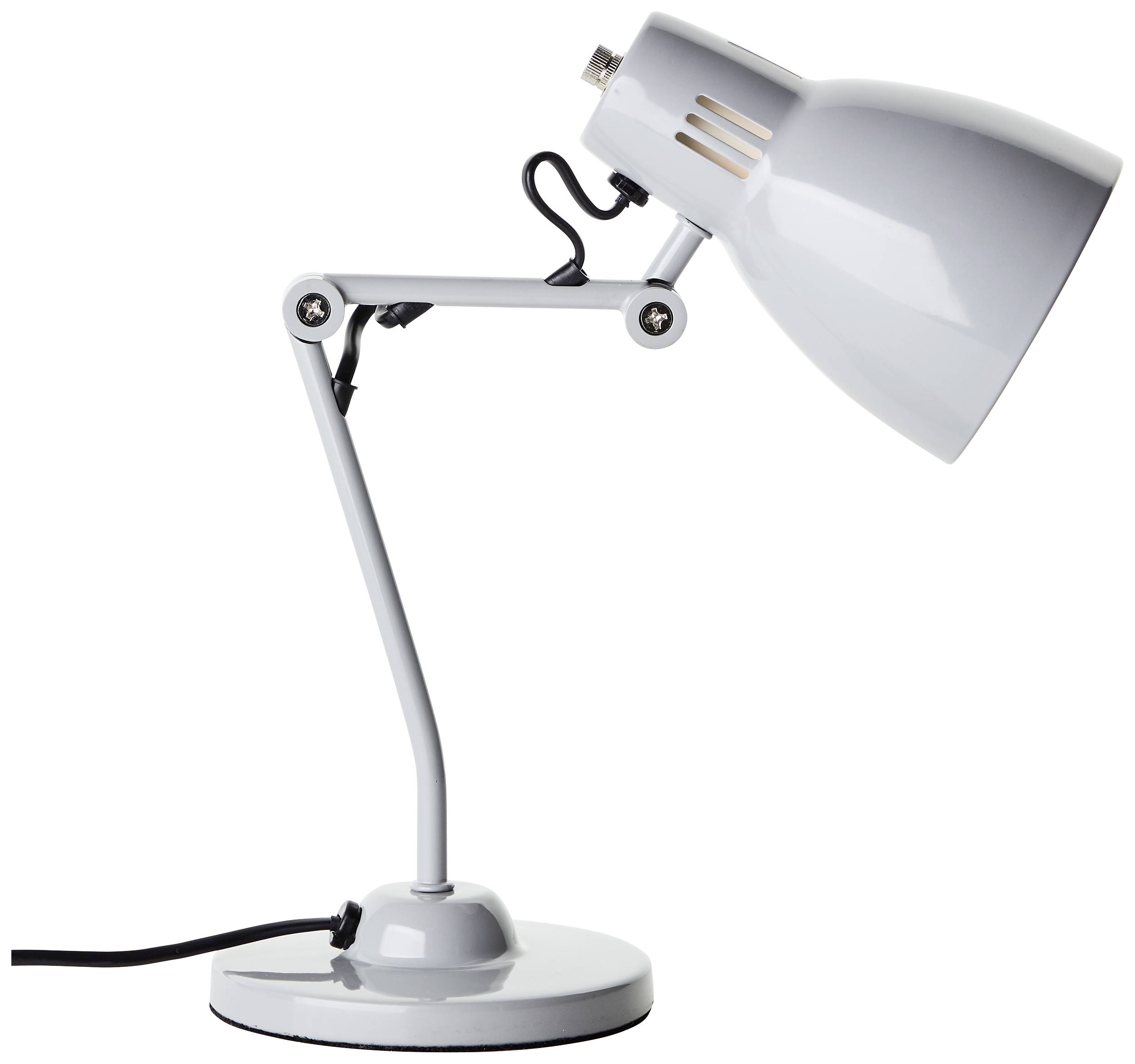 Bílá nastavitelná stolní lampa z kovu s kloubovým ramenem, stojící na kulatém podstavci. Je vypnutá.