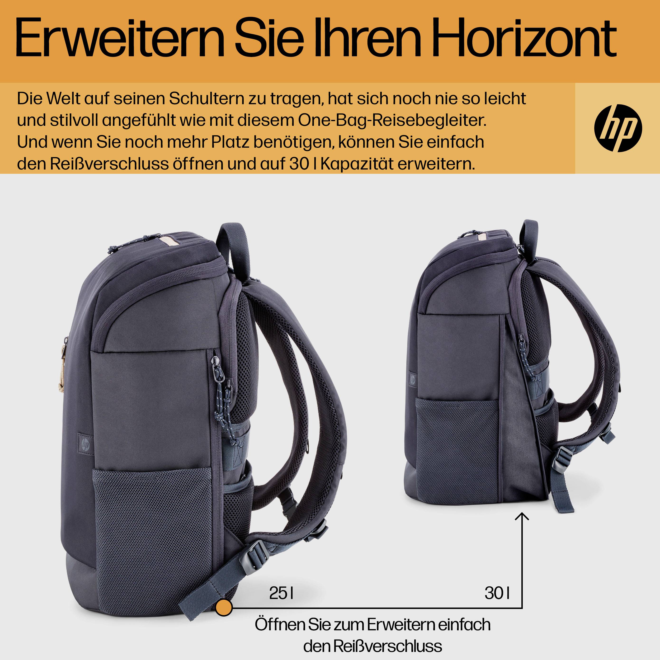Dva černé batohy, jeden rozšiřitelný (30 l) a jeden standardní (25 l), se zipem, text: Rozšiřte své obzory.