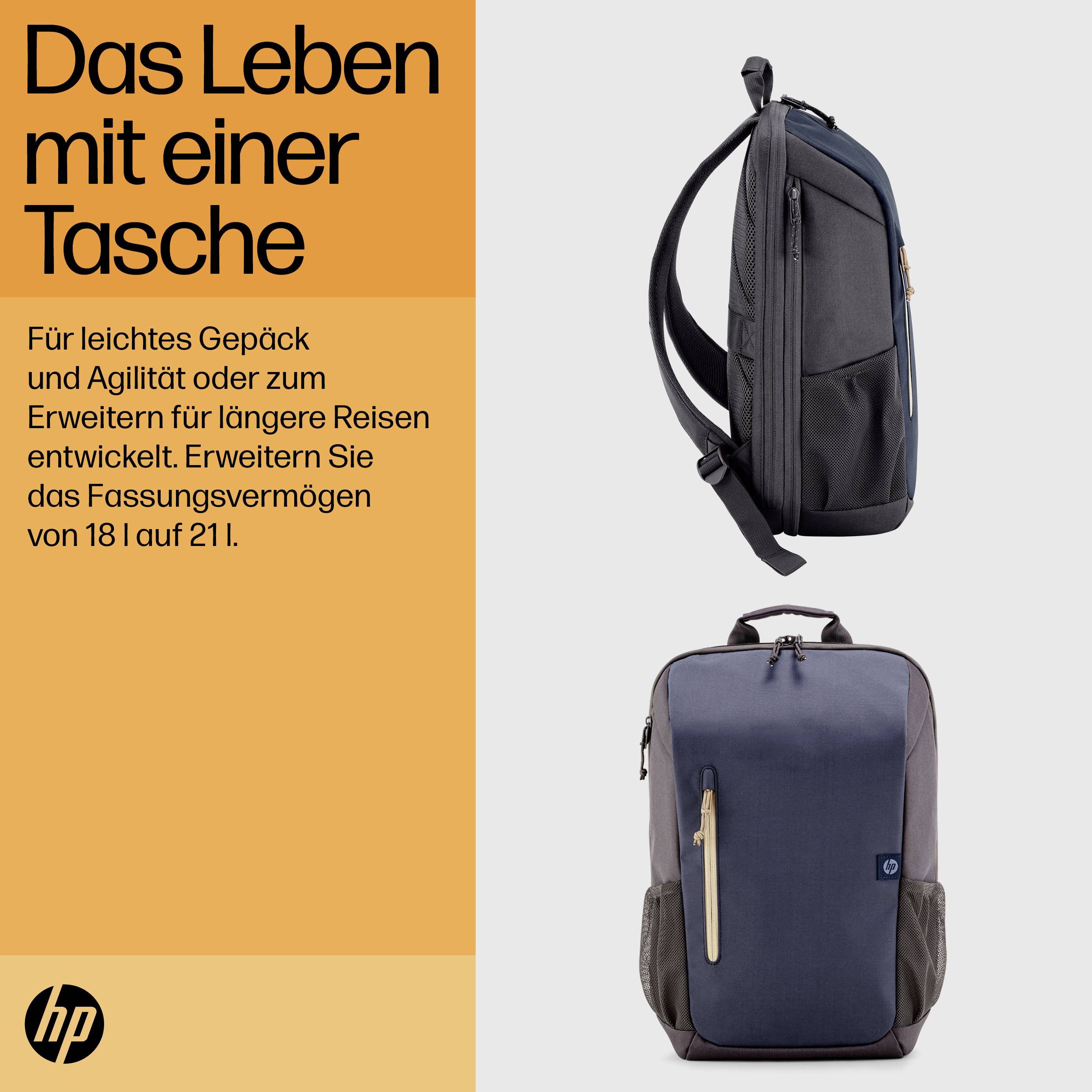 Taška od HP pro lehké zavazadlo a delší cesty, rozšířitelná z 18 l na 21 l, zobrazená ve dvou pohledech.