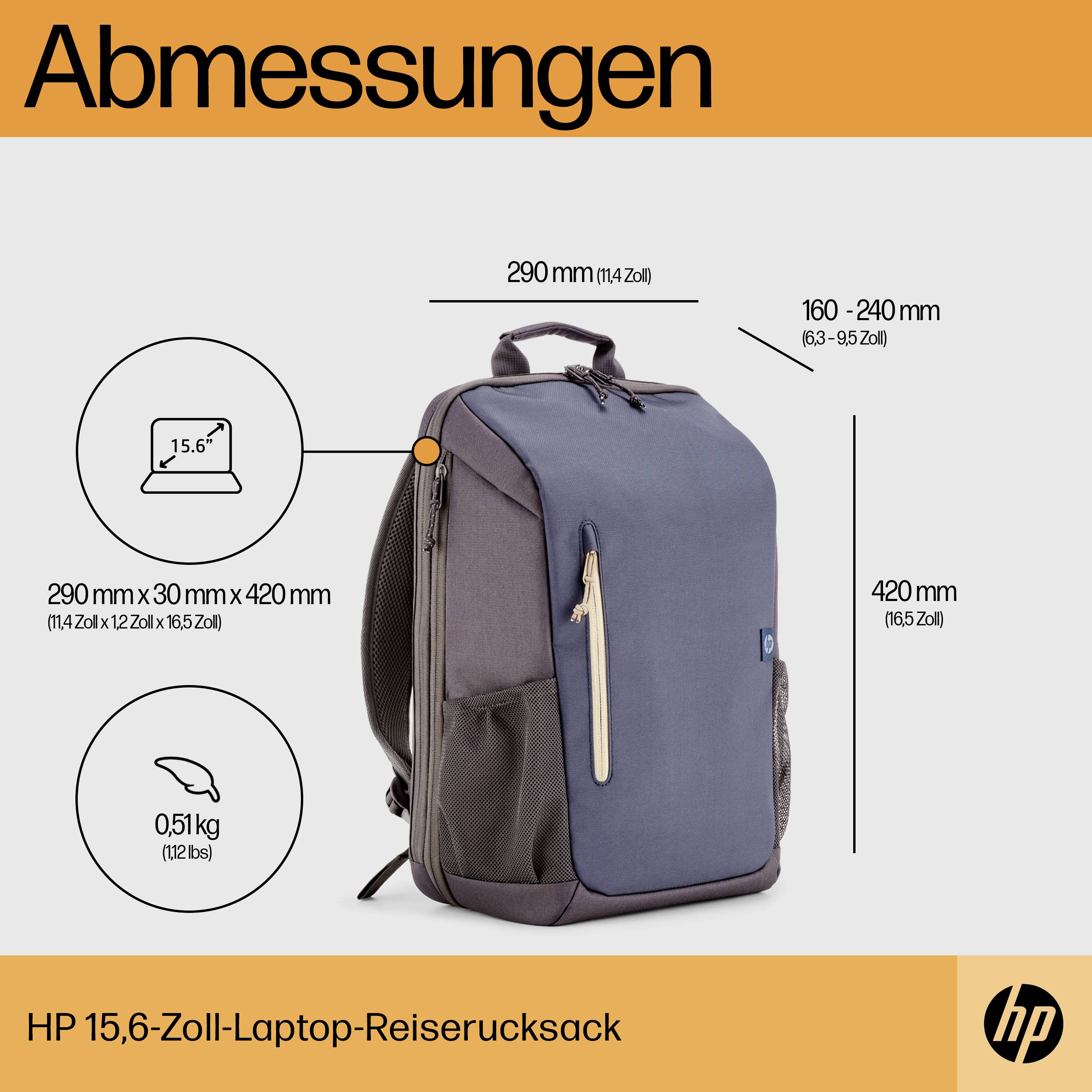 Rozměry: 420 mm výška, 290 mm šířka, 160-240 mm hloubka. Hmotnost: 0,51 kg. HP 15,6palcový cestovní batoh na notebook.