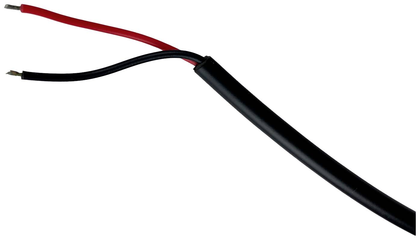 Dvoužilový elektrický kabel s červeným a černým vodičem, odizolovaný na jednom konci.