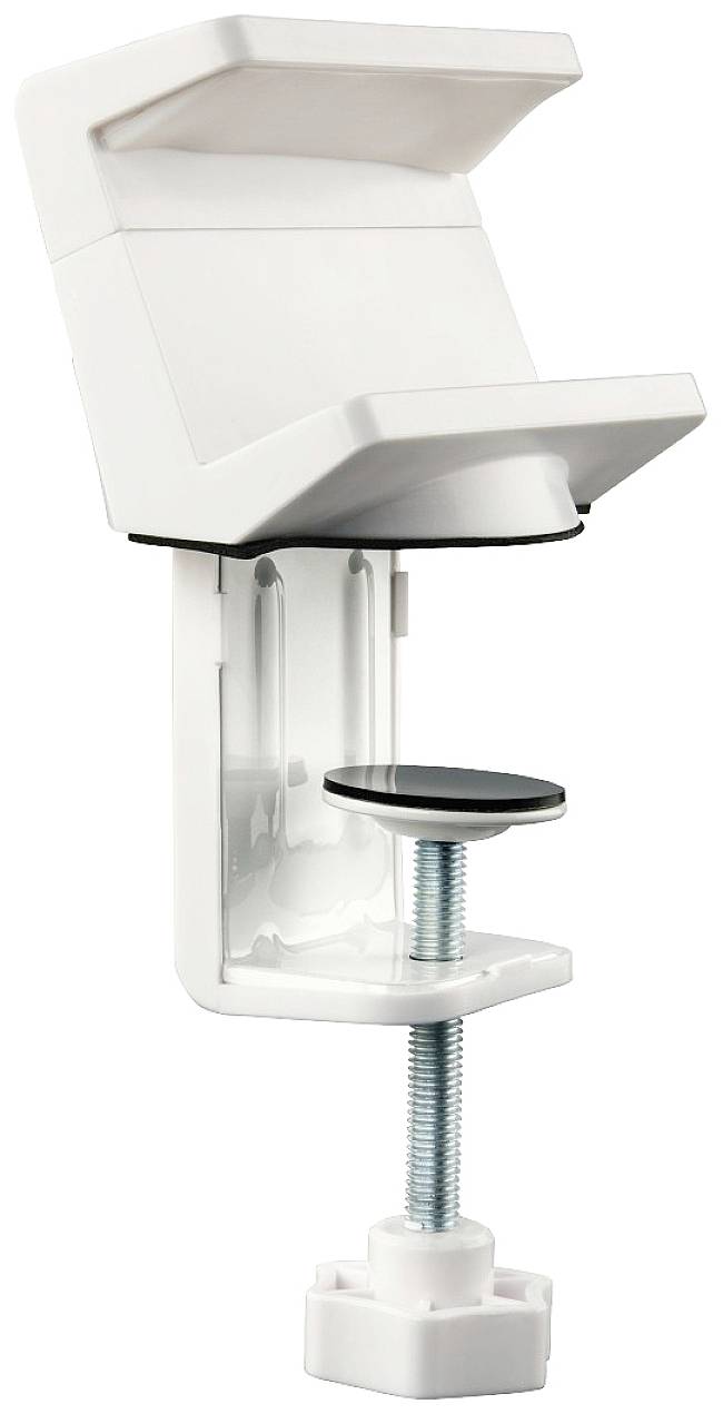 Bílý plastový držák s upevňovacím šroubovým mechanismem, určený k uchycení na okraj stolu. Vhodný pro různá zařízení.