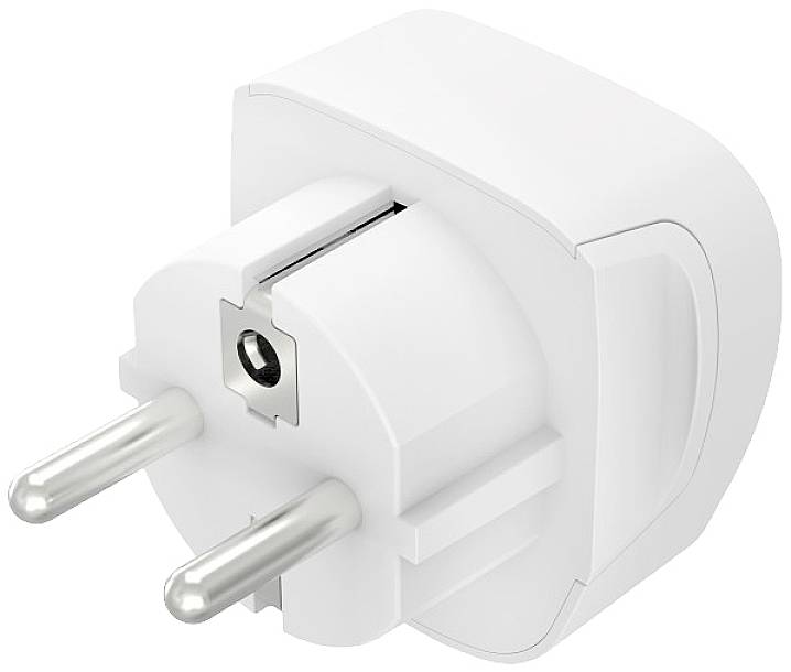 Bílý eurokonektorový adaptér se dvěma kulatými stříbrnými kolíky, vhodný pro připojení zařízení do evropských elektrických zásuvek.