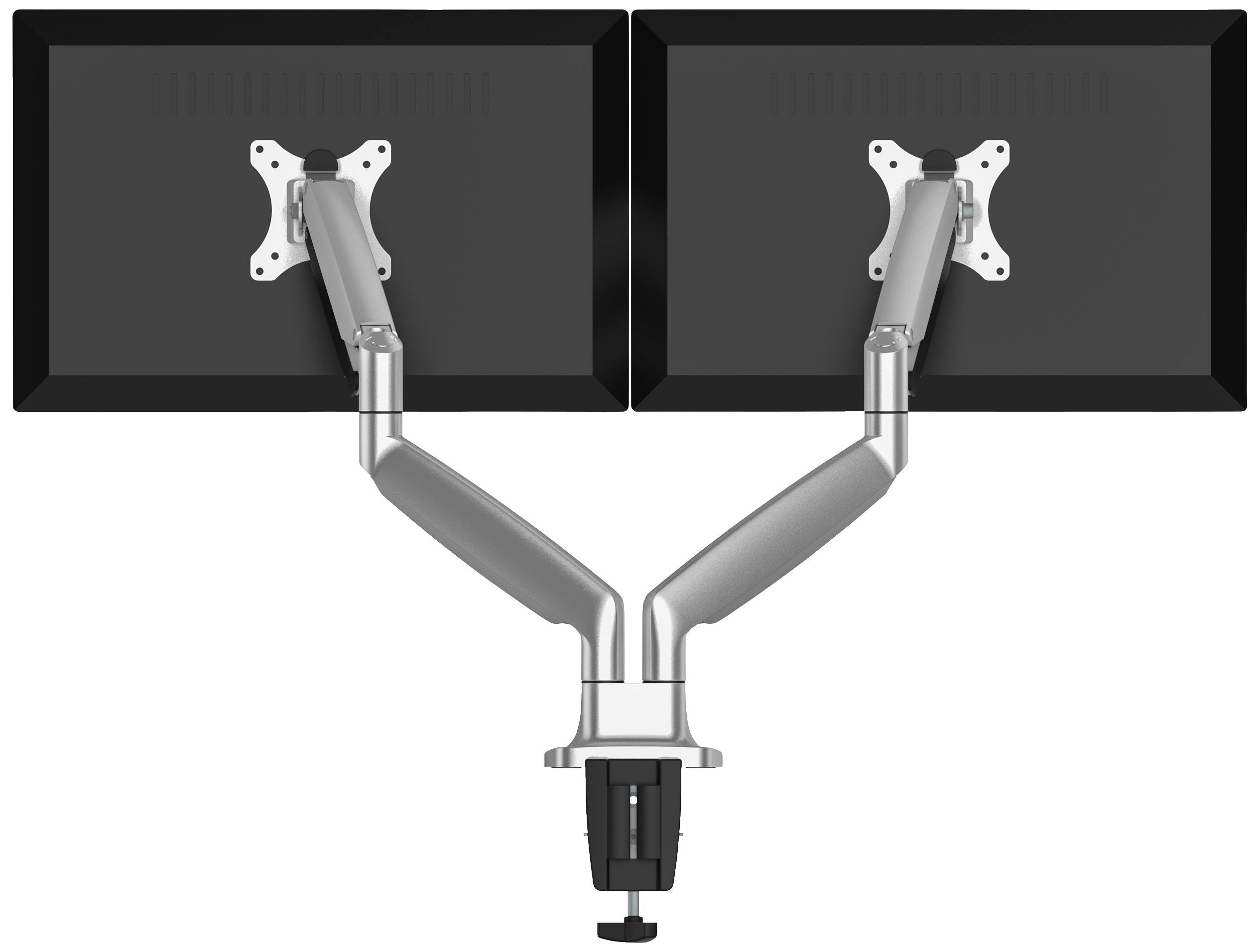 Dvě kovové držáky monitorů jsou upevněné a drží dva monitory vedle sebe. Držáky jsou flexibilně nastavitelné.