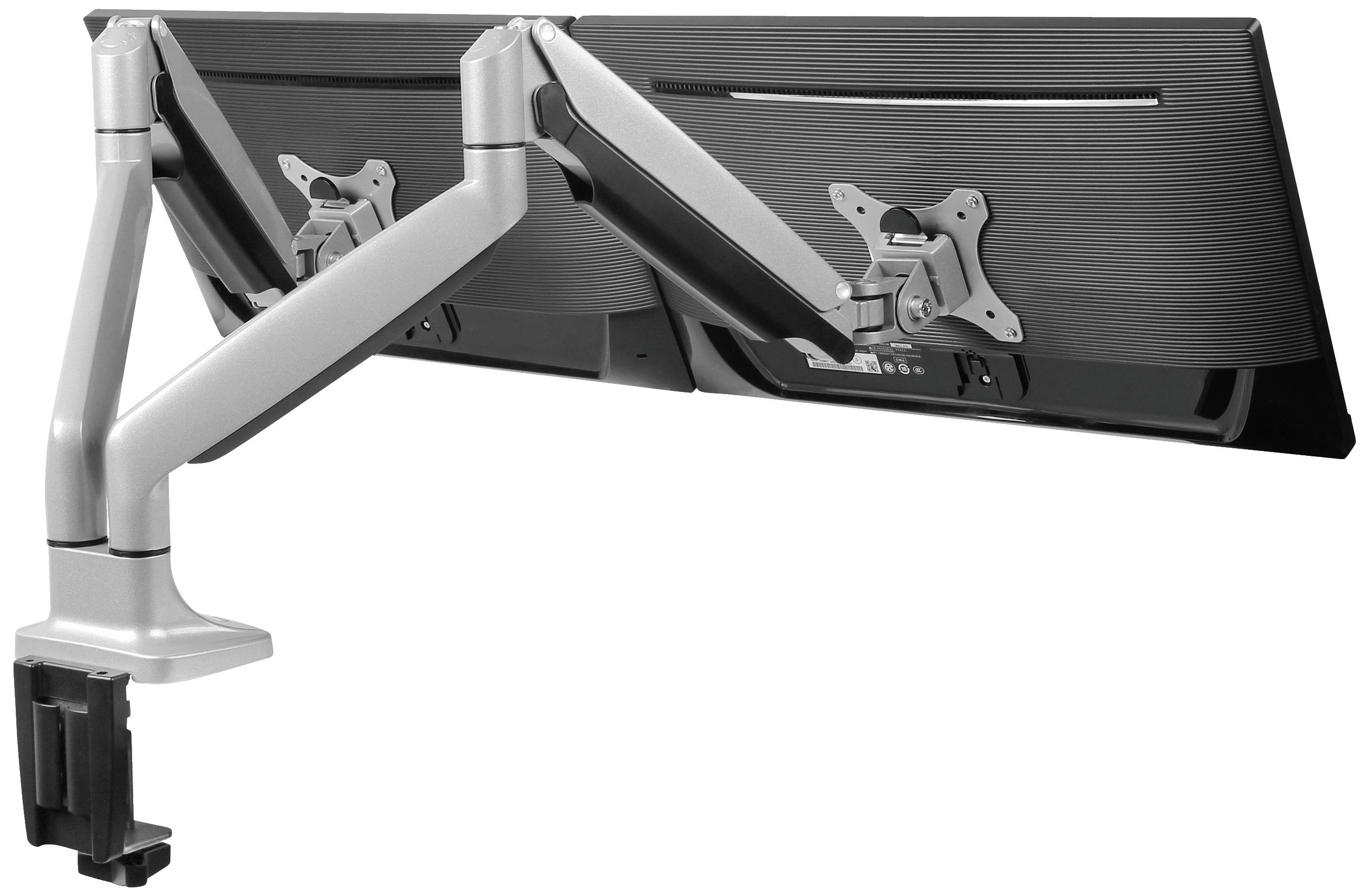 Stříbrný držák se dvěma monitory, který umožňuje umístění dvou obrazovek vedle sebe, vhodný pro ergonomická pracoviště.